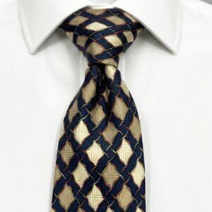 Louis Feraud Silk Tie Navy Tan Gold Geometric Abstract Designer Necktie